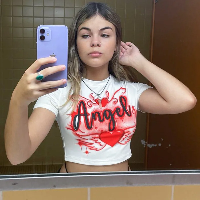 

CUTENOVA D21TP456 Summer Female Angel Print Shirt Women Cute Short Sleeve Crop Top