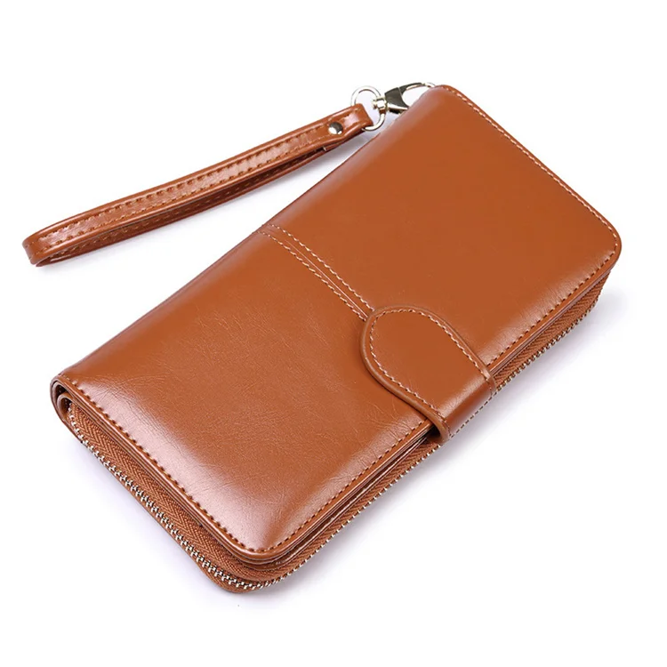 

2021 new oil wax leather wallets mobile phone bag clutch slim long zipper coin purse women's card holder bag wallet, Red wine ,black ,blue ,brown ,orange ,pink
