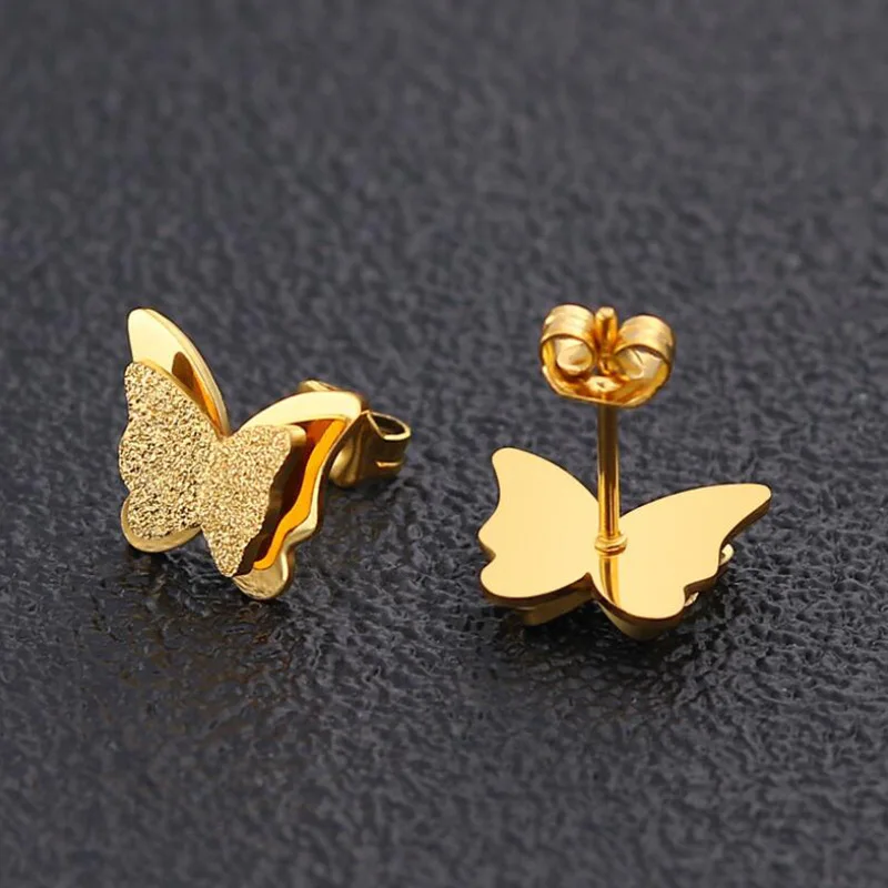 

High Quality No Fadeing Allergy Rose Gold Plated Matte Butterfly Ear Studs Charms For Jewelry Making Stainless Steel Earrings, Gold silver rose gold