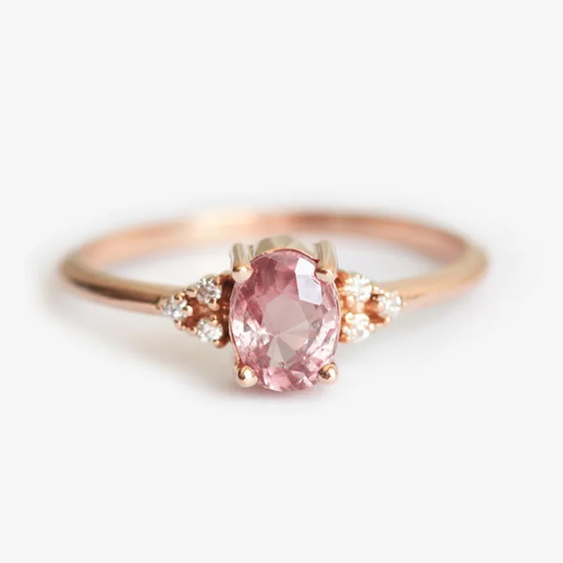 

CAOSHI Dainty Pink Oval Crystal Ring for Women Simple Engagement Finger Ring Ladys Pink Wedding Rings Women