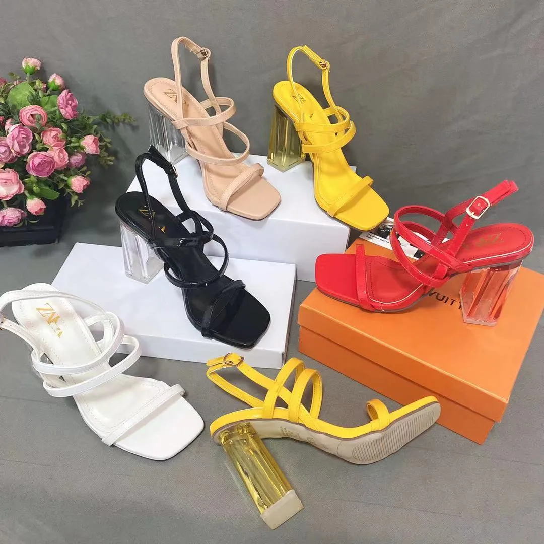 

Fashion trend all-match slippers square head transparent high-heeled women sandals 2021 new heeled sandals, Customized color