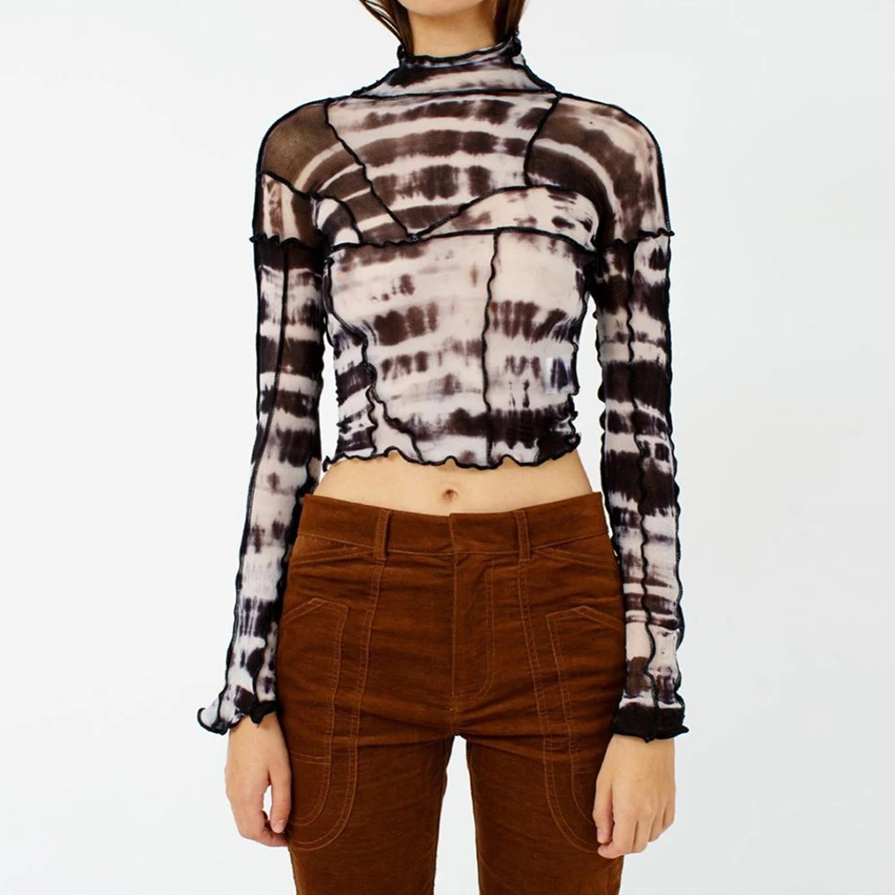

Nibber T1735953 Wholesale Dropshipping Summer Mesh Patchwork Long Sleeve Sexy Club Stretch Backless Tees Vintage Crop Top Women