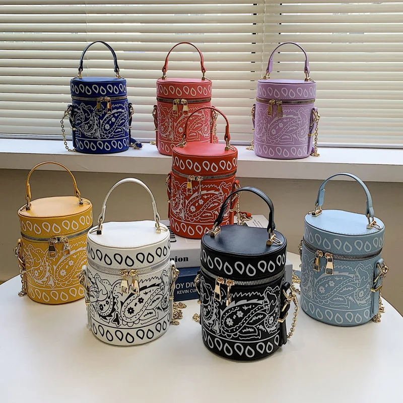 

2021 Summer New Cashew Flower Bucket Bag Diagonal Women's Bag Bucket Bag Portable Printing Cylinder Single Shoulder Handbags, 8 colors