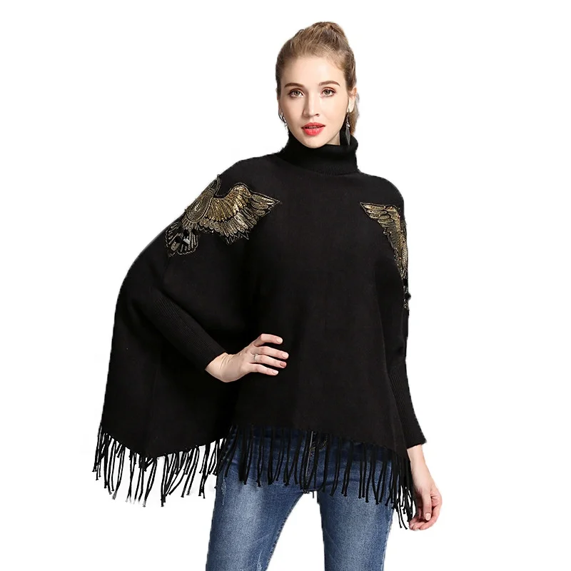 

Spring Autumn Lazy Wind Loose Turtleneck Pullover Female Knitted Bat Sleeve Fringed Ponchos Women Cape Poncho Sweater