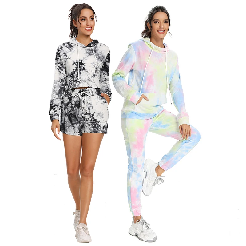 

Blue Pink Tie Dye Long Sleeve Hoodie Short Long Jogger Pants Women Set fall autumn, 4 colors