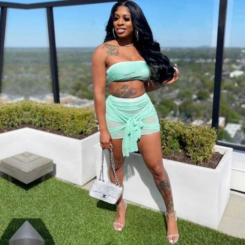 

2021 Summer Women Sexy Casual Beach Two Piece Set Clothing Plus Size Summer 2 Piece Sets Outfits Mesh See Through Dresses