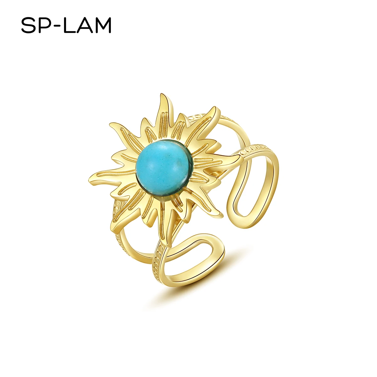 

SP-LAM Sun Flower Turquoise Gem Stone Bohemian Birthstone Gold Design Woman Girl Sunflower Ring