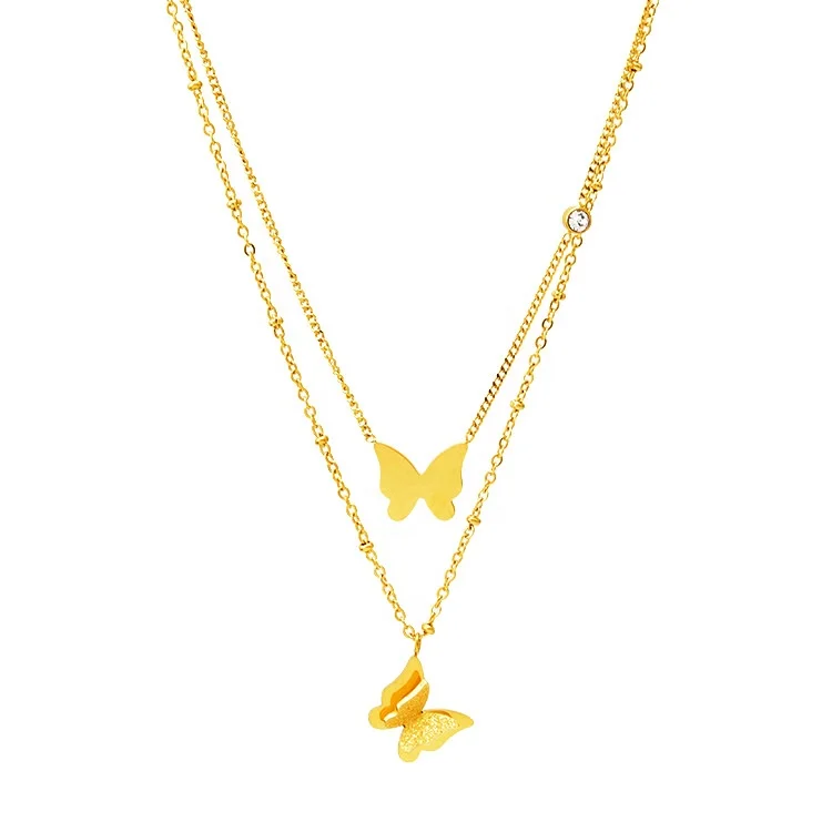 

Simple Classic Double Layer Chain 18K Gold Plated Stainless Steel Zircon Butterfly Pendant Women Clavicle Charm Necklace