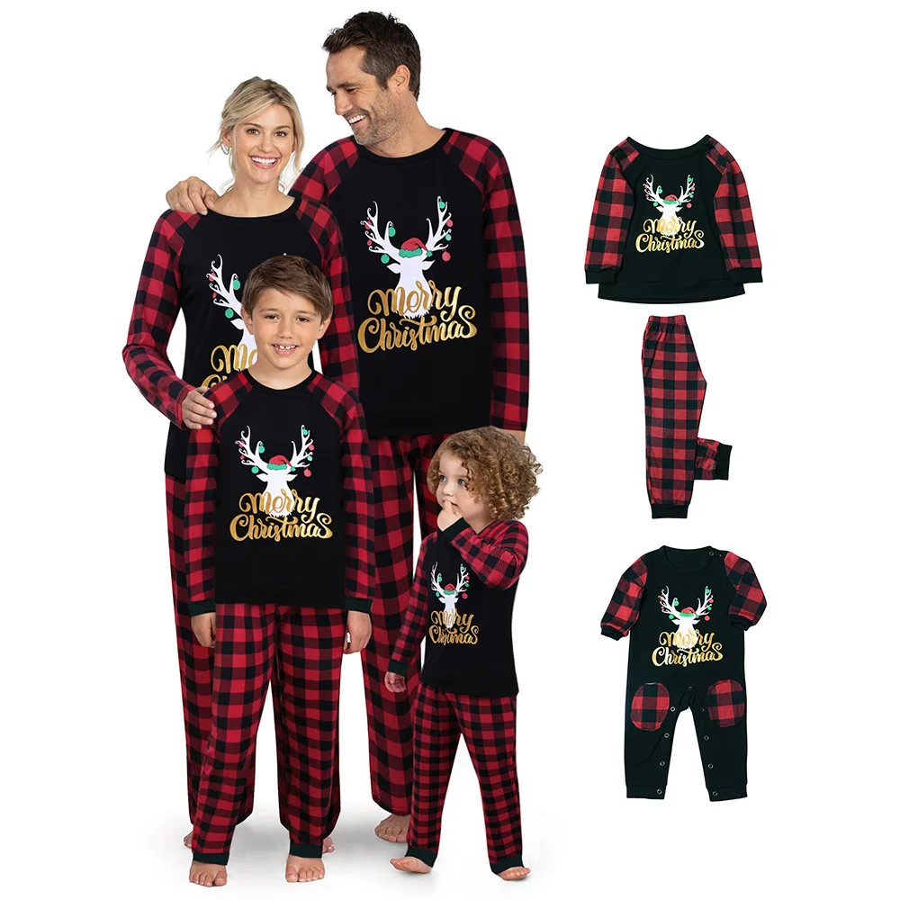 

New Fawn Plaid Printed Suit Christmas Homewear Pajamas Parent-child Wear in stock low moq, Picture color