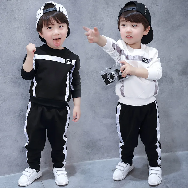 

Top Sales Baby Boy Outfits Boys Webbing Sweatshirt Sports Suit Kids Clothing Sets for Boys, Black/white