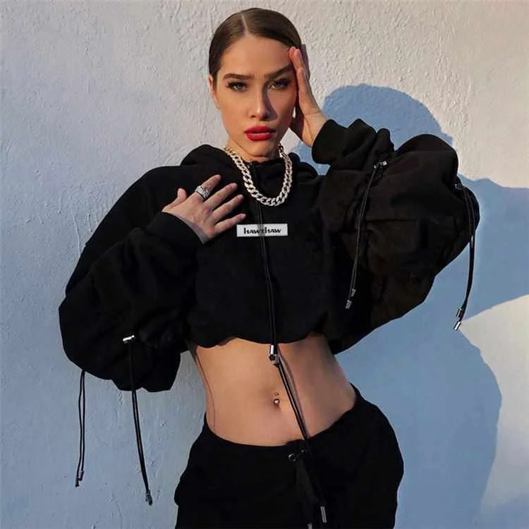 

New Style Long Sleeve Hooied Black Sexy Crop Tops Women Sexy