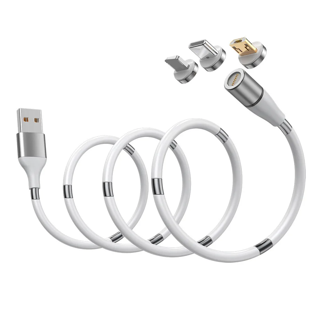 

3A Fast Charging Self Winding 3 in 1Magnet Fast Charger Data USB 3a Magnetic Charging Cable for Micro usb Type-C, Black, white