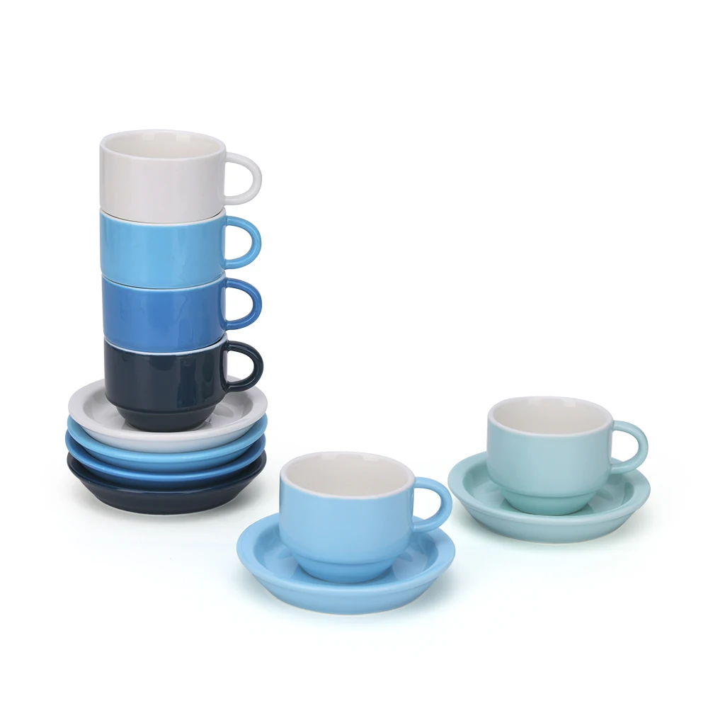 

Colorful Porcelain Stackable Espresso Cups with Saucers and Metal Stand