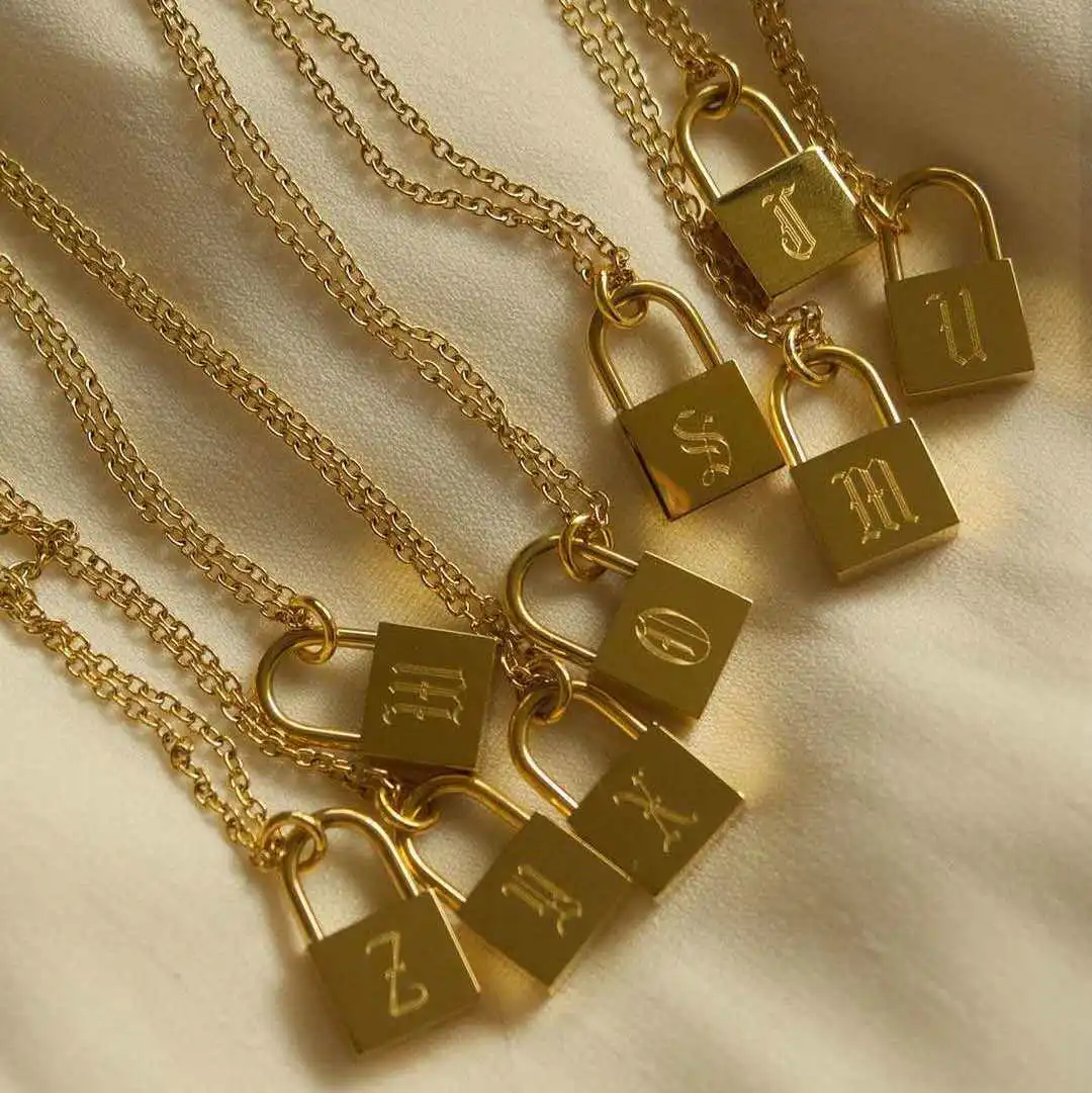 

18K Gold Plated Stainless Steel Square Lock Initial Necklace Gothic font Letter Necklace