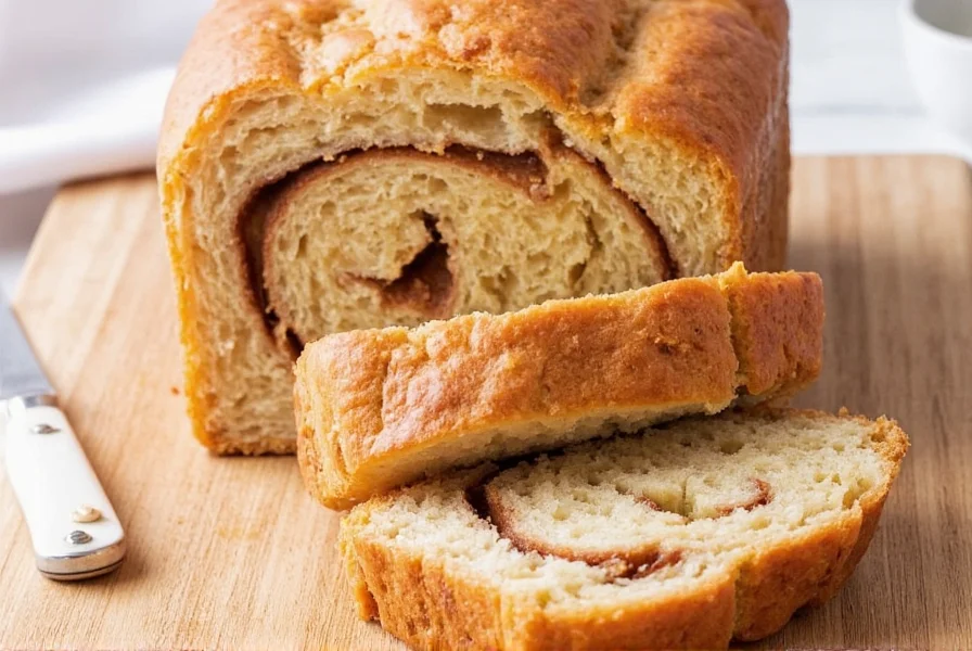 Homemade cinnamon swirl bread cooling on wire rack, golden brown with visible cinnamon layers