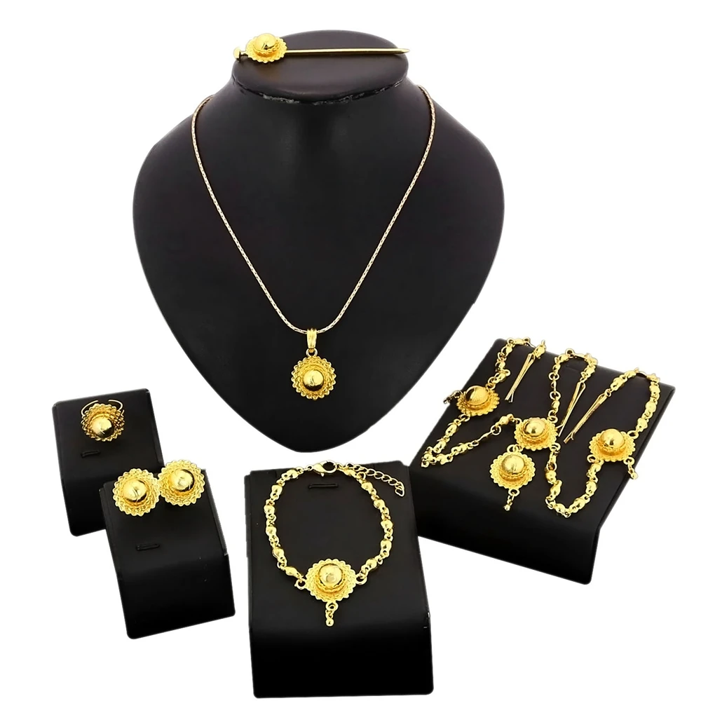 

Yulaili Big Pendant Yellow Gold Plated Bule Crystal Ethiopian Traditional Jewelry Set