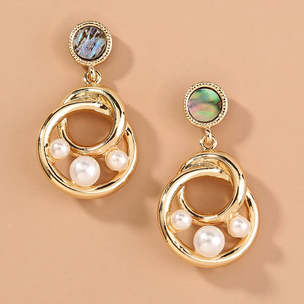 

HOVANCI Super September Newest Accessories Vintage Colorful Abalone Seashell Stud Earrings Geometric Circle Pearl Huggie Earring, Gold