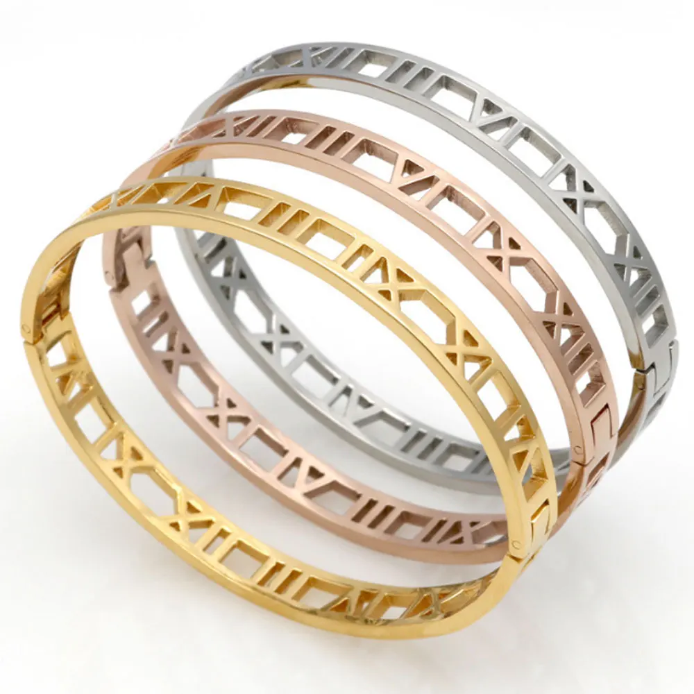 

Fashion Trendy Titanium steel Roman numerals numbers engraved bangle bracelet women, Silver, gold, rose gold