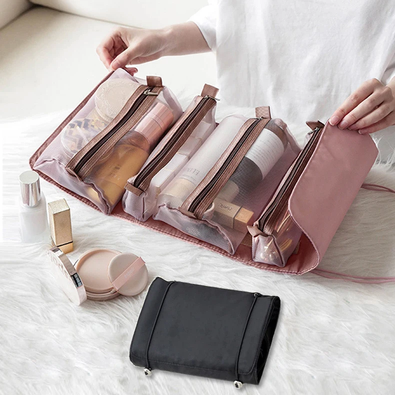 

oem travel detachable four in one makeup large capacity storage transparent net yarn cosmetic bag, Customized