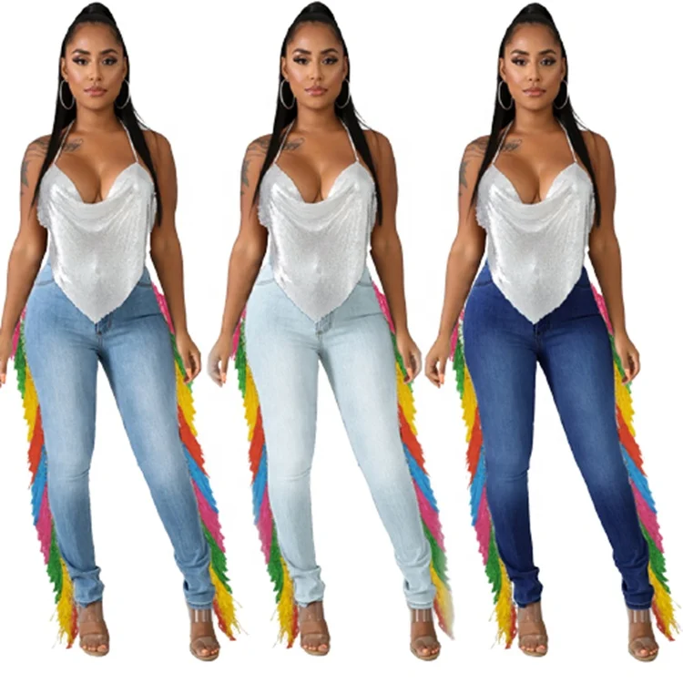 

Blue High Waist Side Tassel Denim Jeans Women 2021
