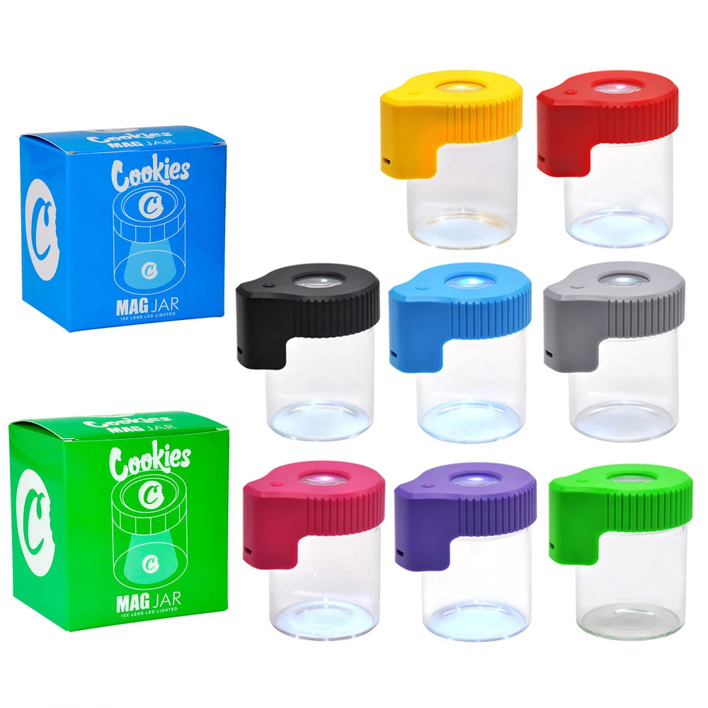 

MYPACKA Wholesale Cheap Airtight Herb Weed Container Cookies LED Light Magnifying Weed Packaging MAG Glass Jar, Eight color for choose