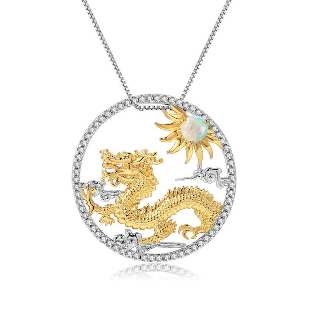 

Abiding Gold Pendant Natural Opal 925 Sterling Silver Jewelry Flying Dragon Chinese Zodiac Sign Pendant Necklace For Women