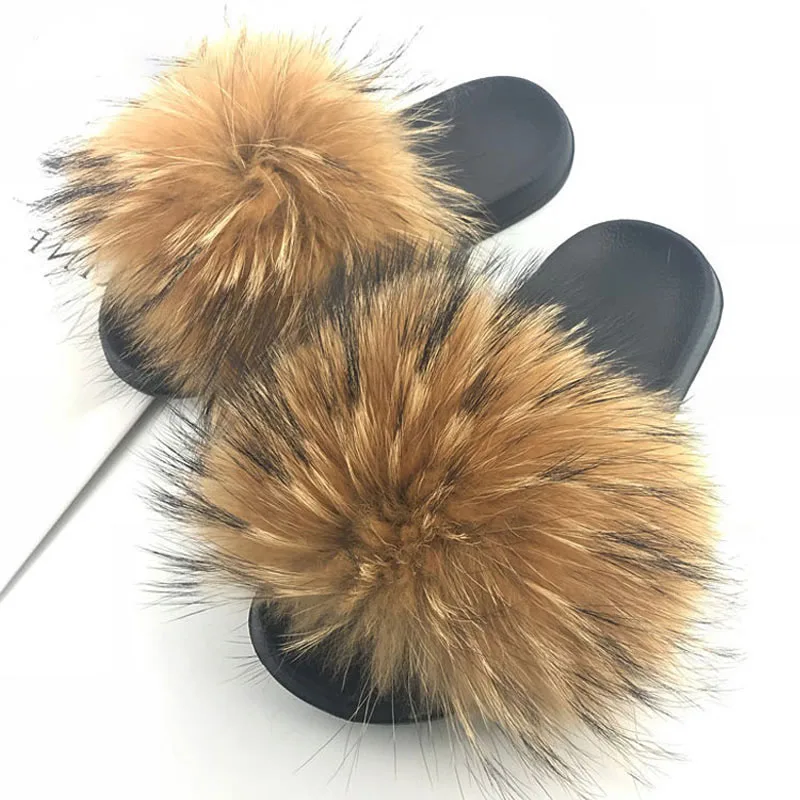 

Women's Fur Flip Flops Raccoon Comfortable Flat Home Slippers, Single color