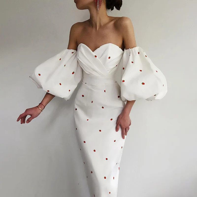 

Wholesale Women's Evening Dress Party Lantern Puff Sleeve Strapless High Waist Mid-length Dress Club Prom Dress