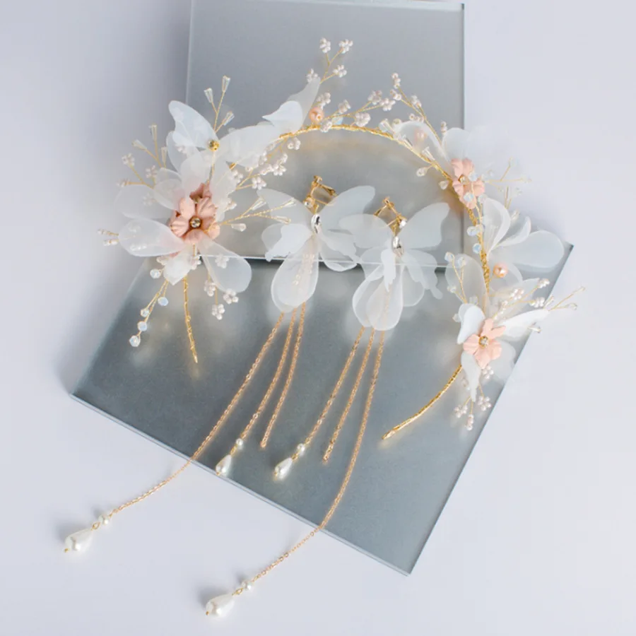 

OEM Women Fashion Headpieces Flower White Pearl Crystal Lace Bridal Hair Band Earring Head Accessories Wedding Jewelry Bracelet, Gold silver color