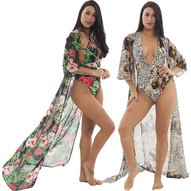 

GX9170 dropshipping floral print one piece swimwear bathing suit sets sexy women swimsuit with cover up 2020, Picture