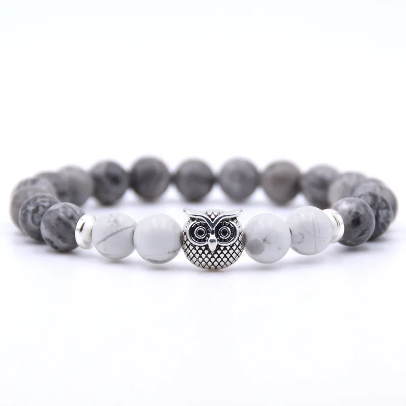

Mens 8 MM Stone Bracelet Jewelry Antique Silver Plated Lively Owl Charm Bracelet