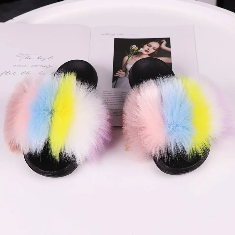 

Drop Shipping Summer Slide Trend Plus Size Fluffy Fur Plush Sandal Cute Slipper Women Slipper, 34 colors