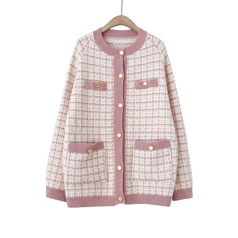 

New autumn/winter 2019 women ladies fancy fashion three color plaid sweater cardigan