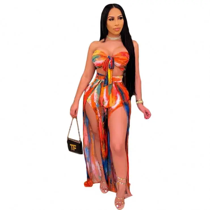 

FREE SAMPLE JHTH 2021 women clothing sexy ladies printed tube top and high slit pant suits women two piece sets, Color