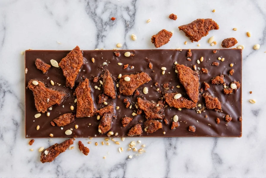 Dark chocolate bark with visible chili crisp fragments and sesame seeds on marble surface