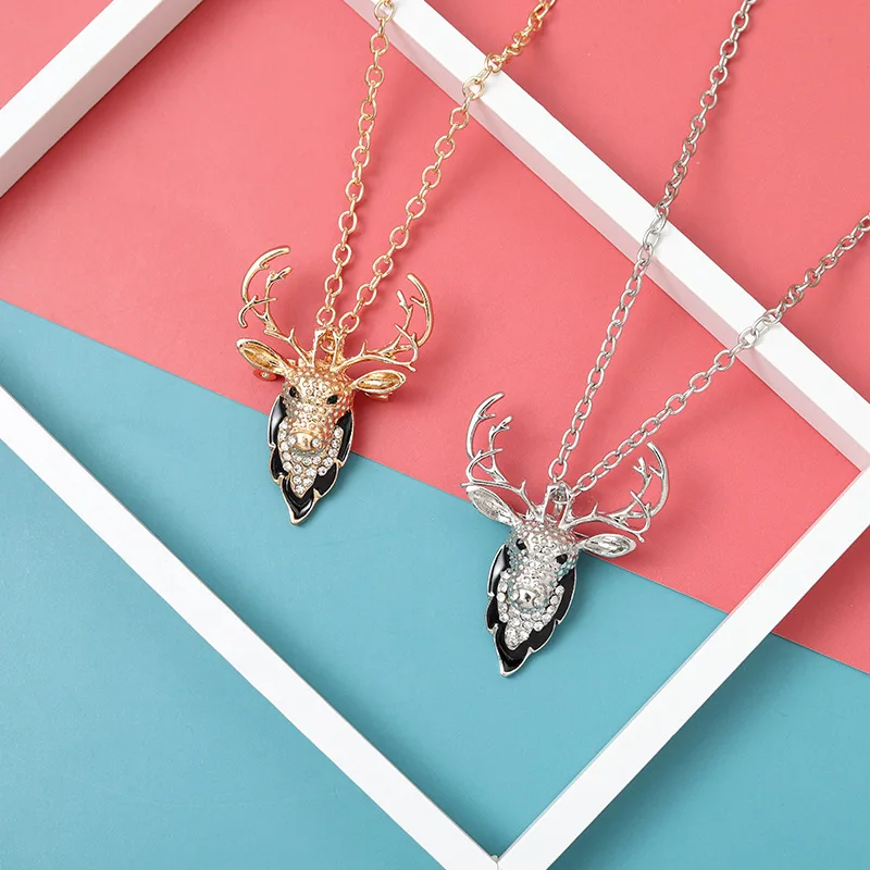 

Hot Fashion Gold Alloy Men Women Deer Head Antlers Diamond Necklace Iced Out CZ Couple Pendent Necklace Christmas Gift, Gold/silver color