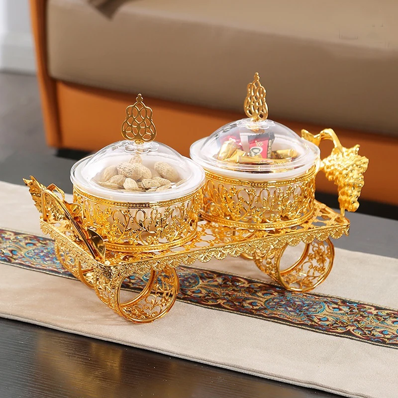 

QIAN HU New Arrived Light Luxury Gold Metal Serving Trays Dry Fruit Tray Dried Nuts Plates Compartment Snack Dish with Lid