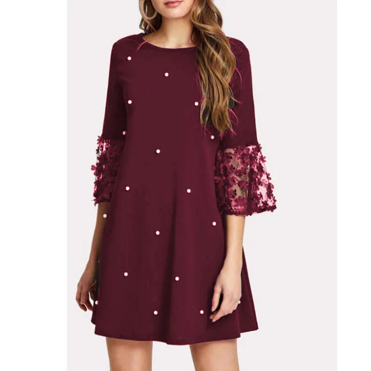 

Knee Length O Neck Pearl Puff Sleeve Classical Summer Ladies Women Official Dresses