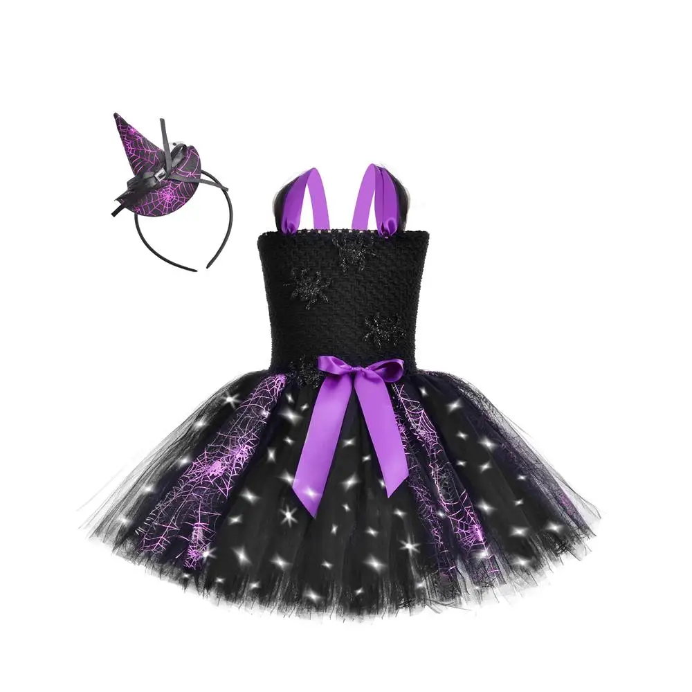 

Halloween Anime Cartoon Glowing Spider Tutu Dresses For Girls Kids Tulle Black Costumes With Purple Hat
