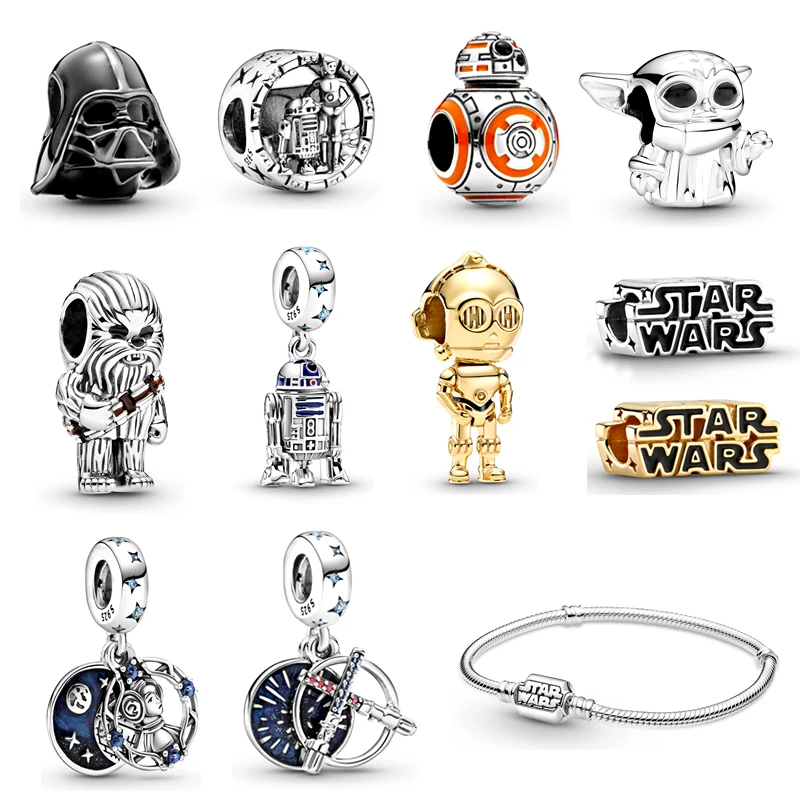 

2020 Arrival War S925 Sterling Silver Collection Gold 3D Logo Lightsaber Child Robot Croc Star Charms Pendant Fit Bracelet, Silver/gold/rose/pink