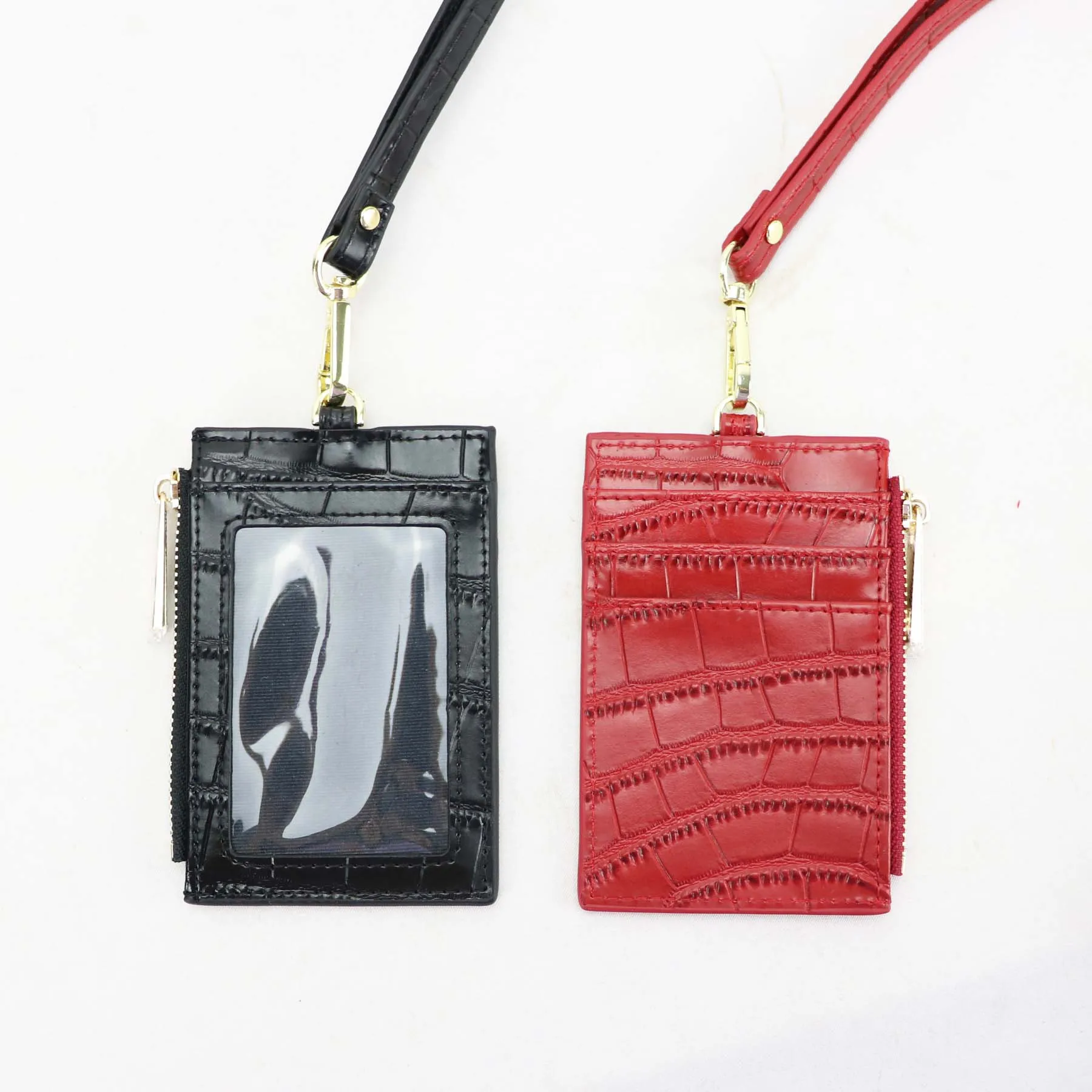 

custom low quantity exotic crocodile office badge holder zip purse leather neck strap lanyard card holder, Customized