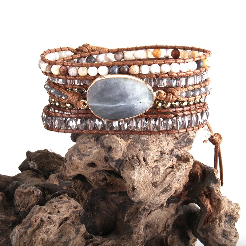 Women Leather Armbander Handmade Natural Stone Crystal Dalmatian Jasper Bamboo Agate Bracelet 5 Strands Wrap Bracelets