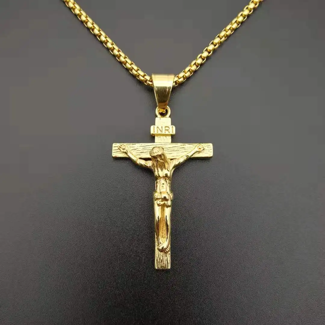 

European Hot Sale Religious Christian Jewelry Gold Color 316L Stainless Steel INRI Crucifix Jesus Cross Pendant Necklace