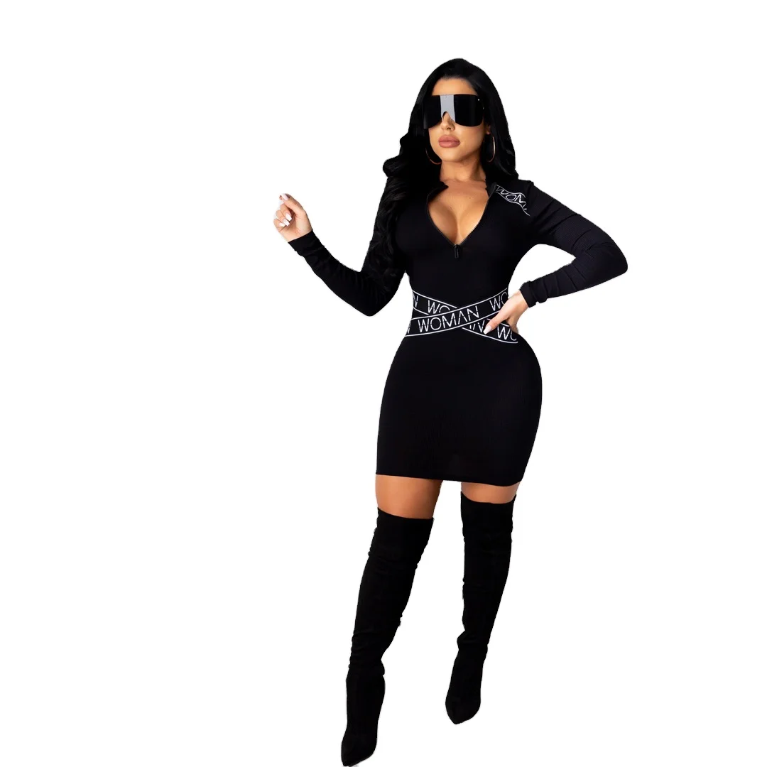 

RsCY1284 sexy women clothing black dresses women long sleeve tight zipper V neck casual clothes