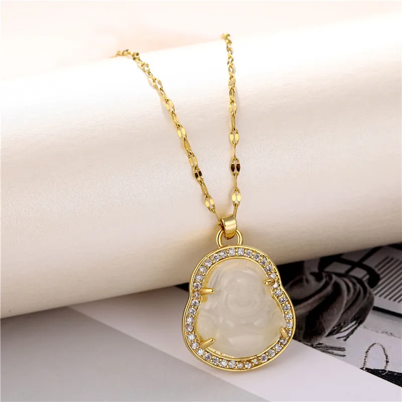 

Iced Out Cubic Zirconia Maitreya Pendant Necklace Gold Plated Titanium Steel Jade Buddha Necklace, As show