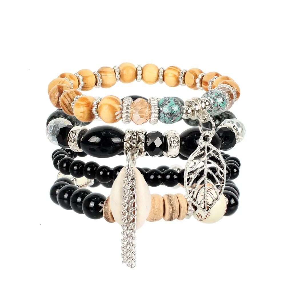 

Ethnic Multilayer Leaf Beaded Shell Bracelet Mutilayer Leaf Tassel Bead Bracelet