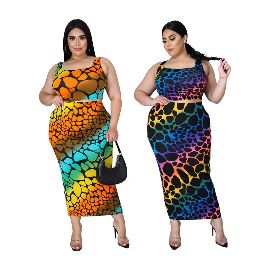 

Foma CY1618 new arrival 2021 casual women clothing sexy leopard print vest and skirt summer plus size two 2 piece sets, 2 colors