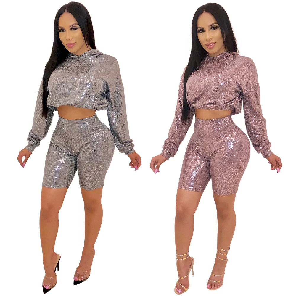 

Wholesale Sexy Sequined Party Club Bling Bling Long Sleeves Crop Top And Shorts Office Clothes Two Piece Set, Blue