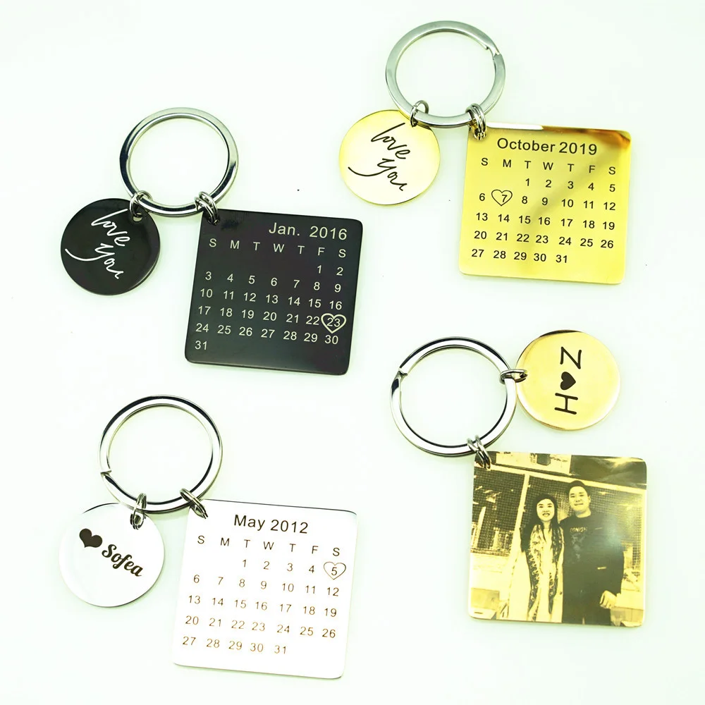 

New fashion stainless steel calendar keychain engraved with valentine's day date love you key chain