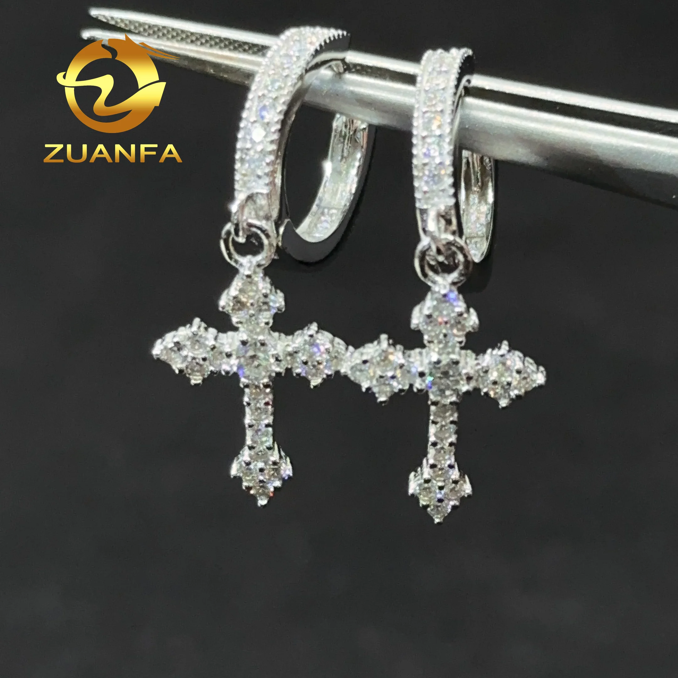 

Shining Cross Hoop Earrings for men and women Iced out Sterling Silver Moissanite hiphop earrings